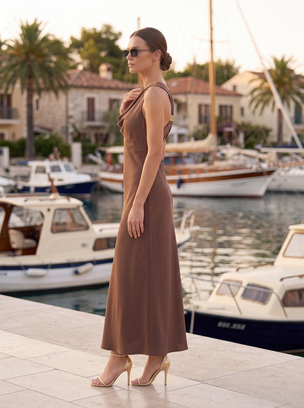 Chocolate Brown Satin Cowl Neck Maxi Dress - Luxury women's fashion by Lioness Walk
