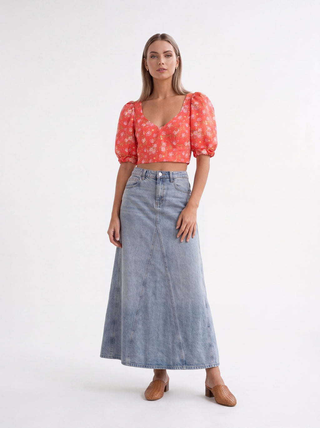 Coral Floral Puff Sleeve Crop Top - Luxury women's fashion by Lioness Walk