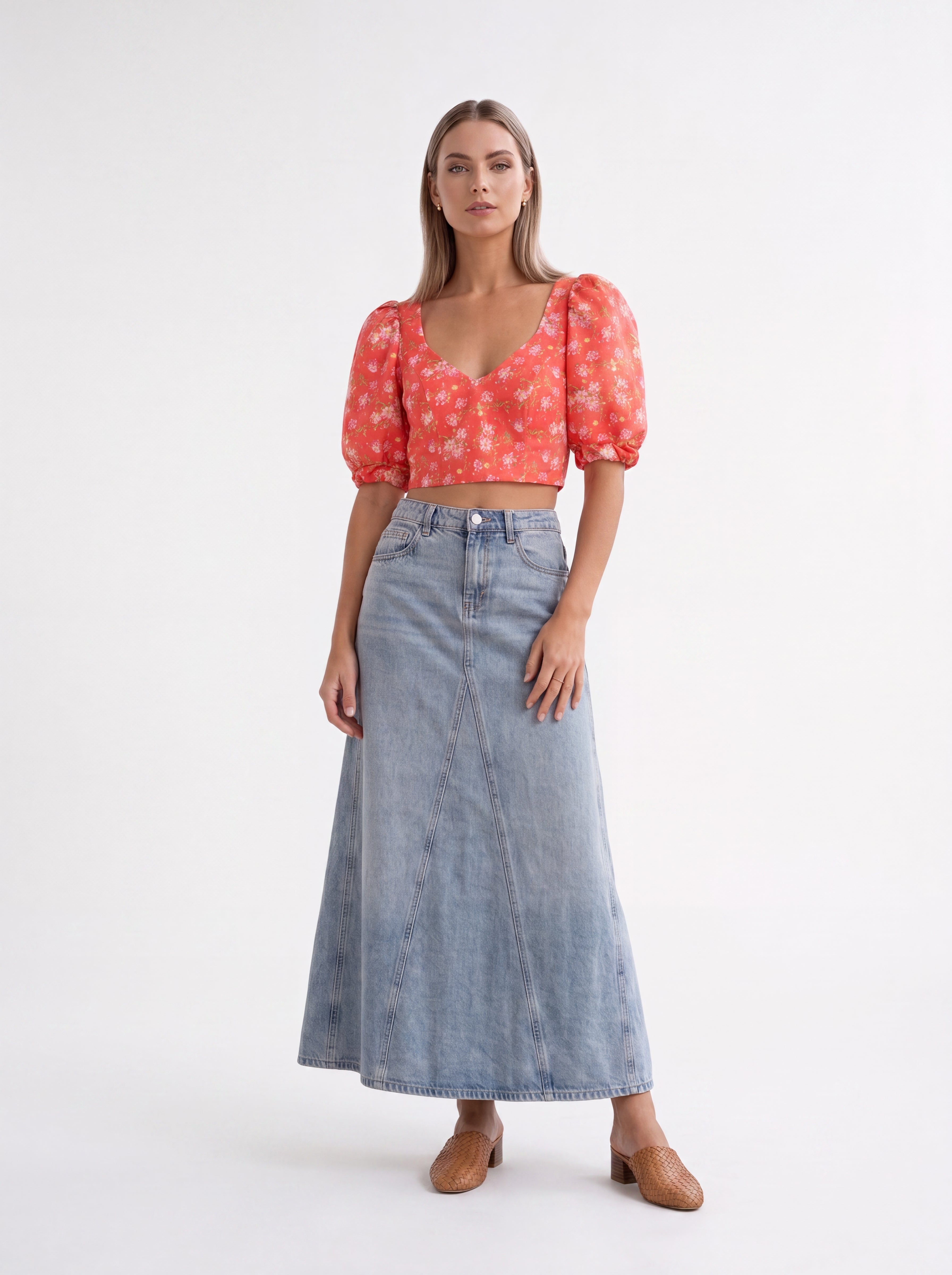 Coral Floral Puff Sleeve Crop Top - Luxury women's fashion by Lioness Walk