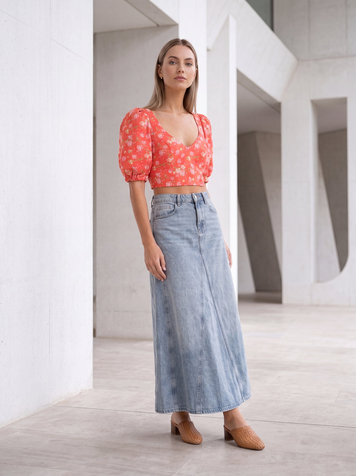 Coral Floral Puff Sleeve Crop Top - Luxury women's fashion by Lioness Walk