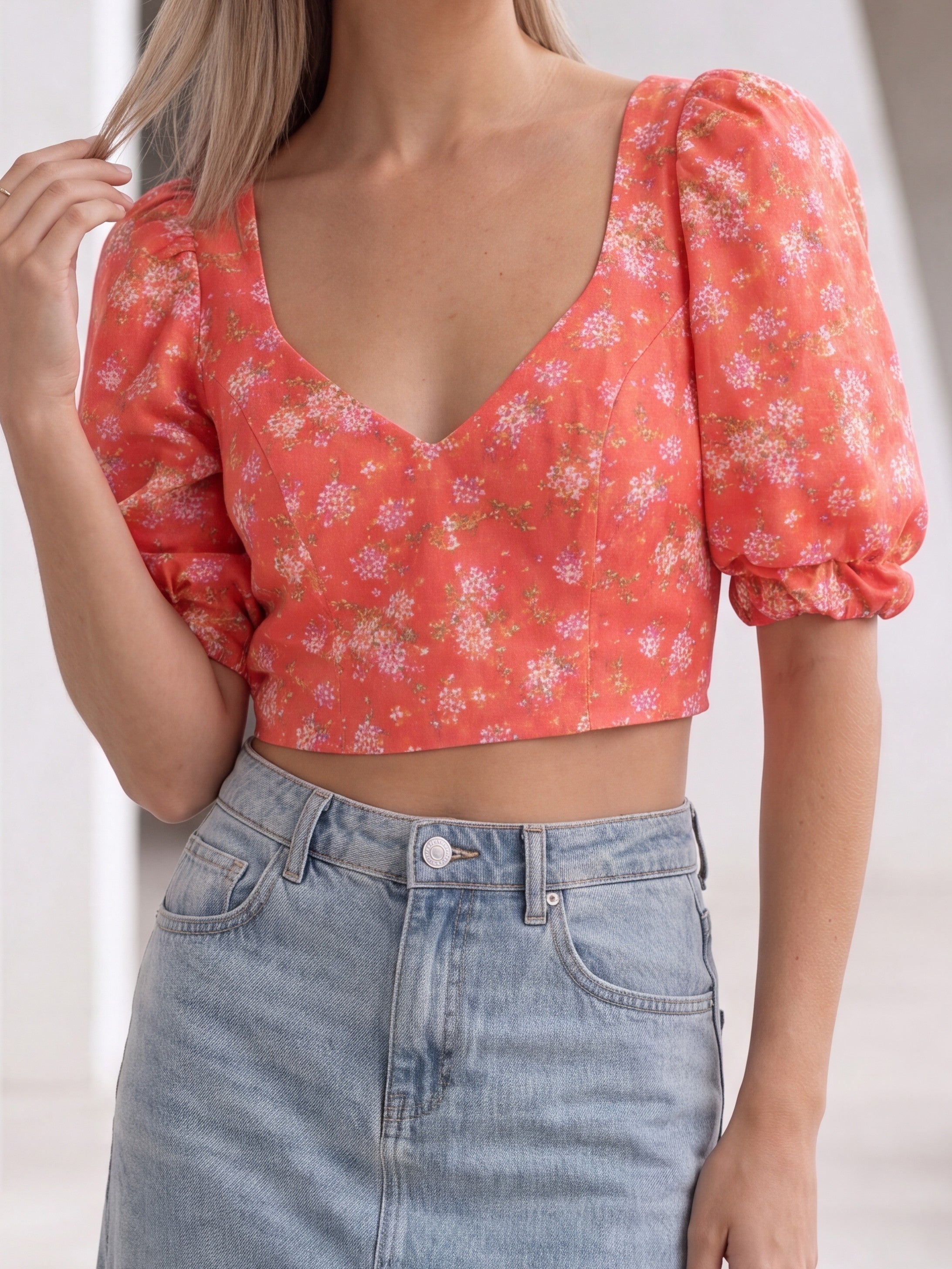 Coral Floral Puff Sleeve Crop Top - Luxury women's fashion by Lioness Walk