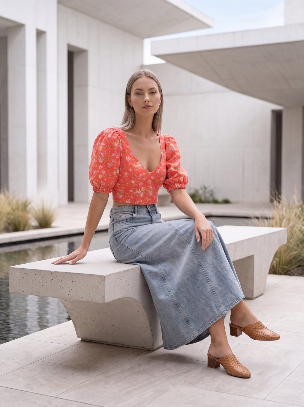Coral Floral Puff Sleeve Crop Top - Luxury women's fashion by Lioness Walk