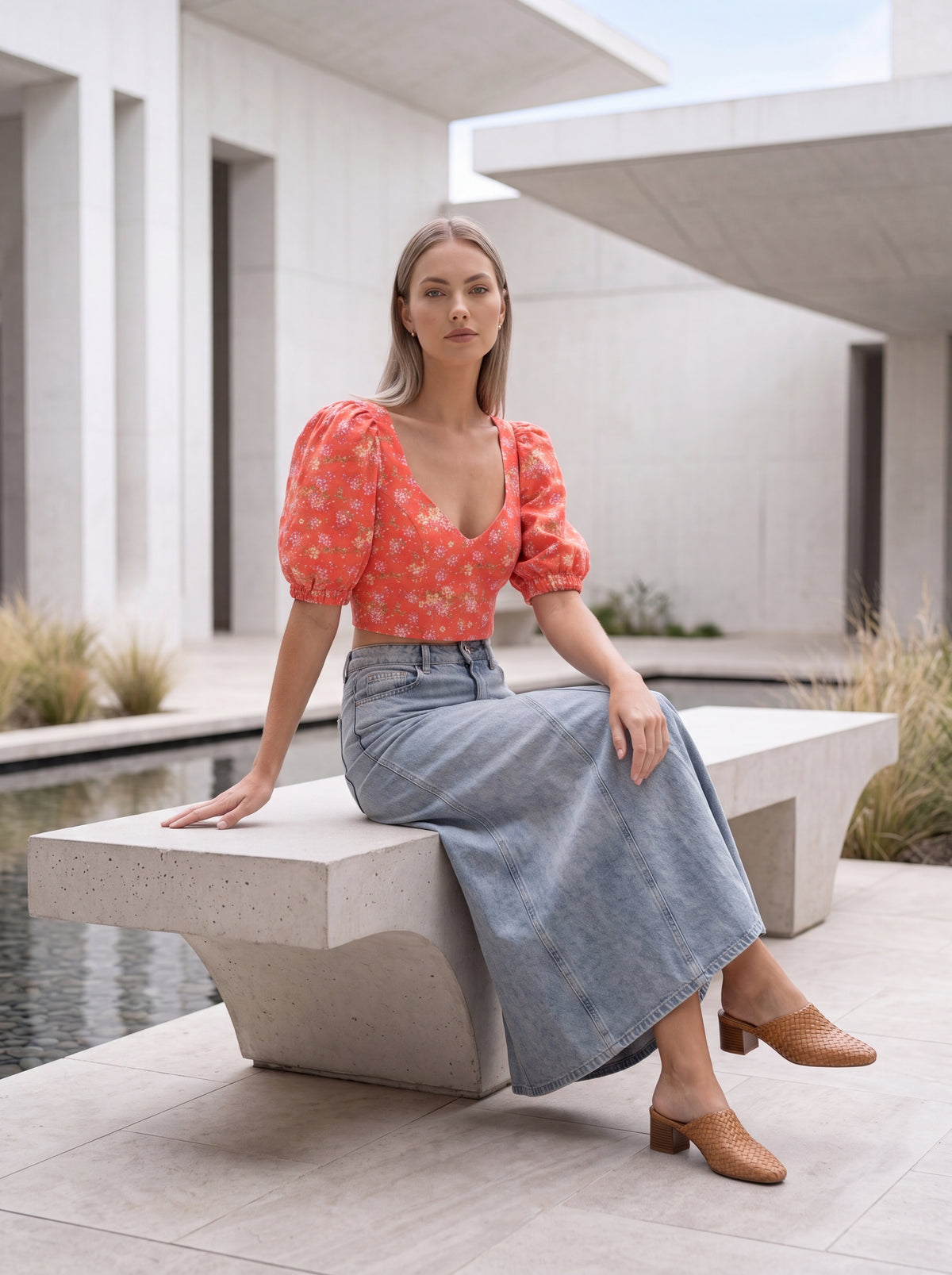 Coral Floral Puff Sleeve Crop Top - Luxury women's fashion by Lioness Walk
