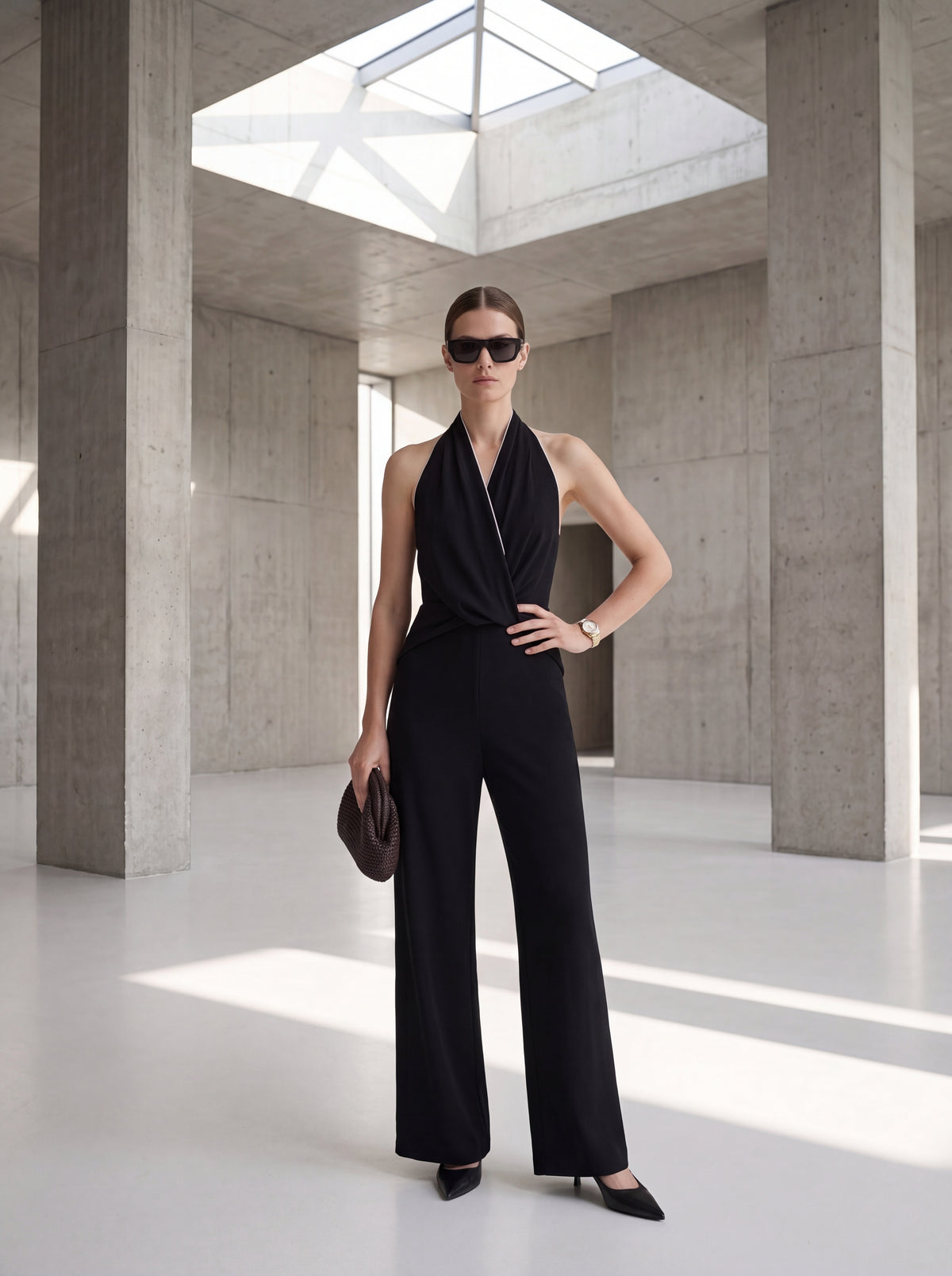 Draped Halter Neck Wide-Leg Jumpsuit - Luxury women's fashion by Lioness Walk