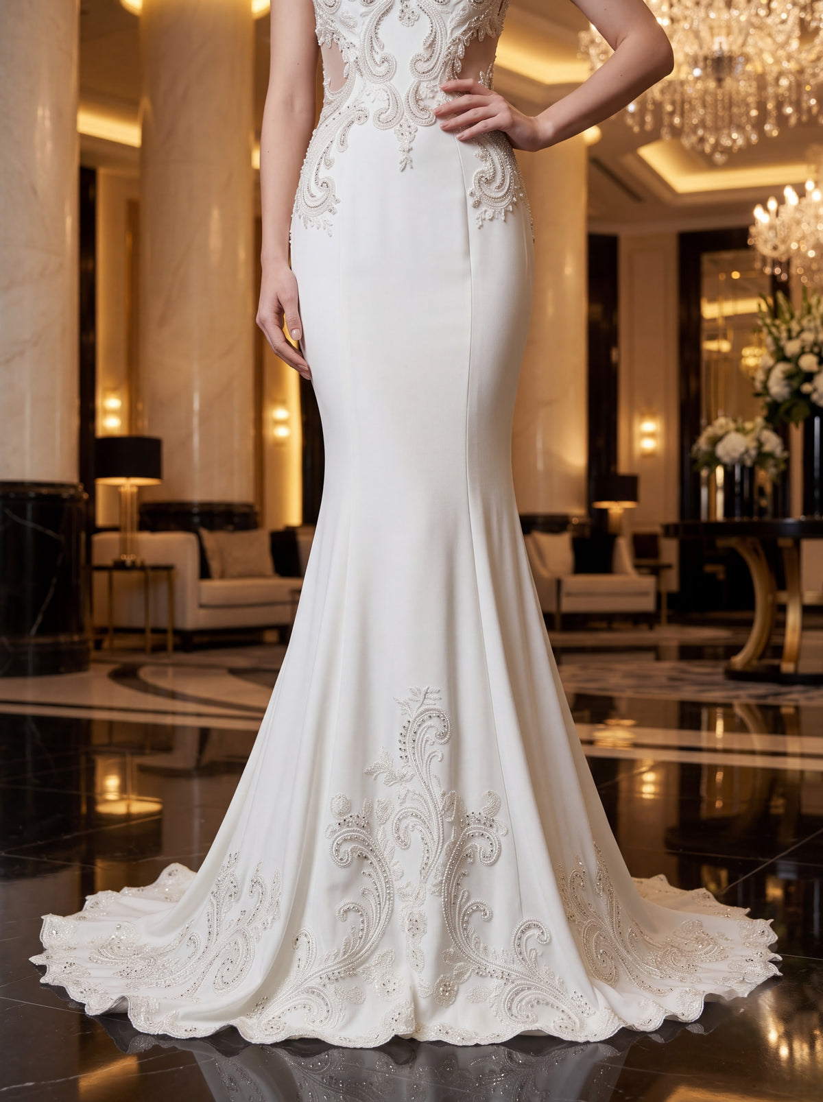 Ivory Embroidered Mermaid Evening Gown - Luxury women's fashion by Lioness Walk