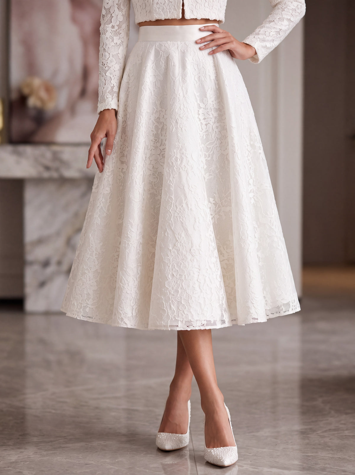 Ivory Lace Two-Piece Midi Dress Set - Luxury women's fashion by Lioness Walk