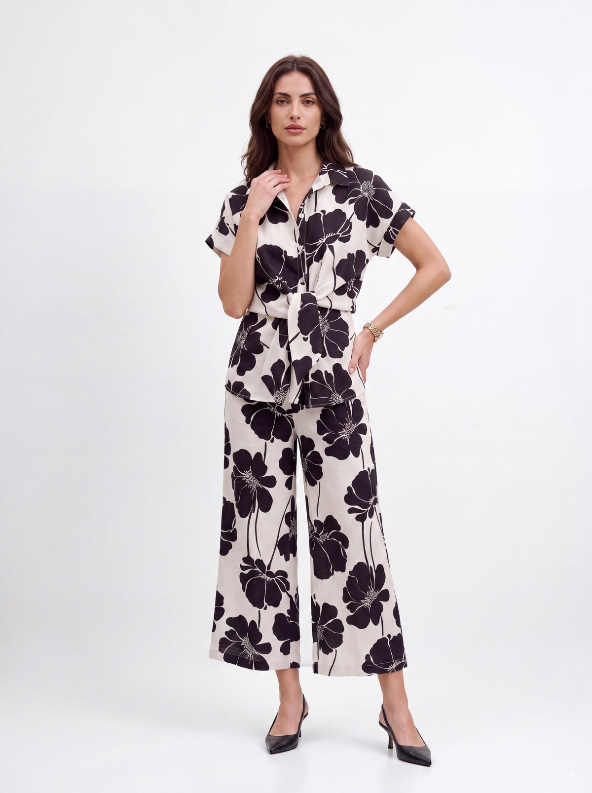 Monochrome Floral Shirt & Wide-Leg Culotte Pair - Luxury women's fashion by Lioness Walk