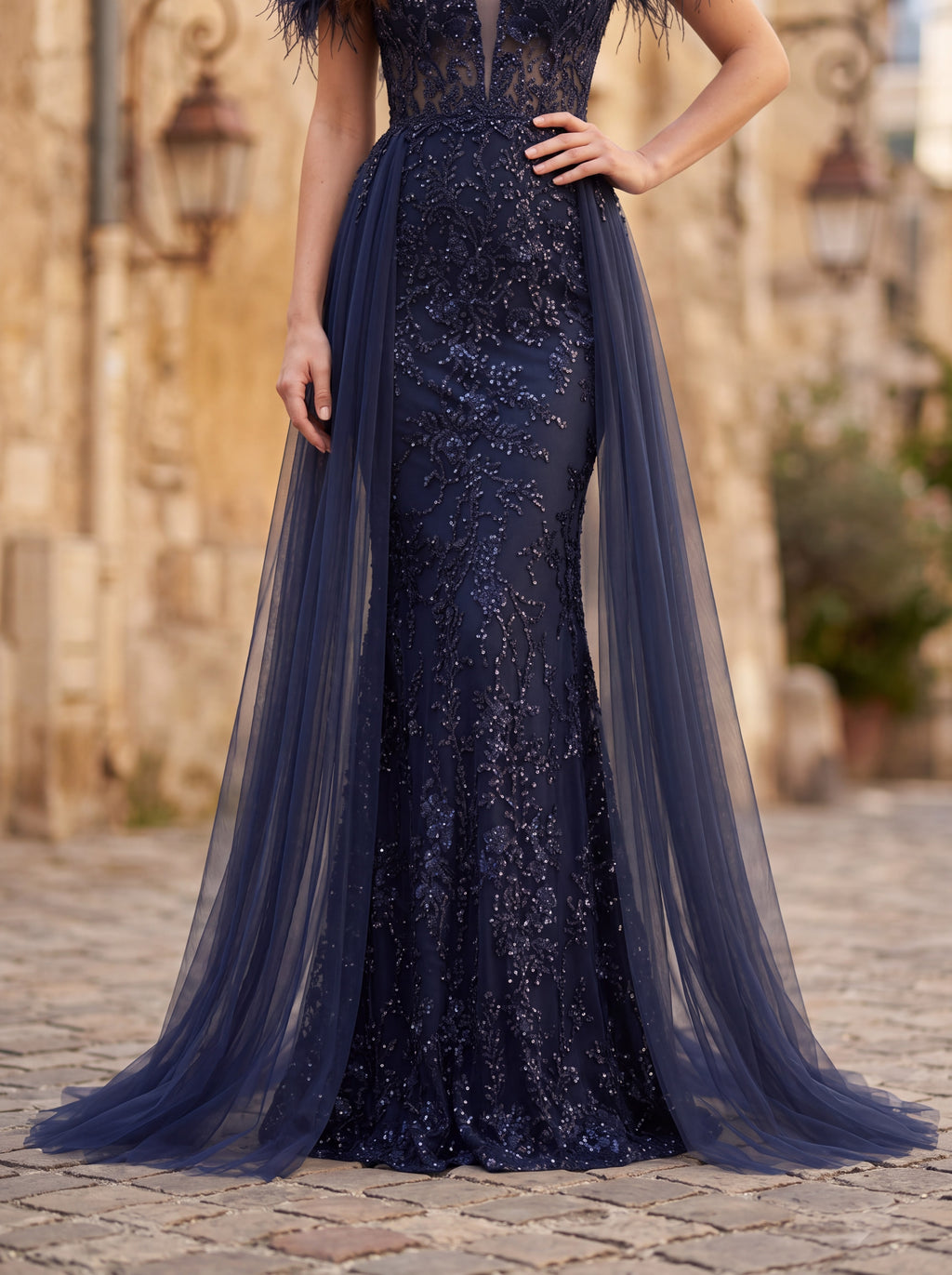Navy Blue Embellished Off-Shoulder Feather Evening Gown - Luxury women's fashion by Lioness Walk