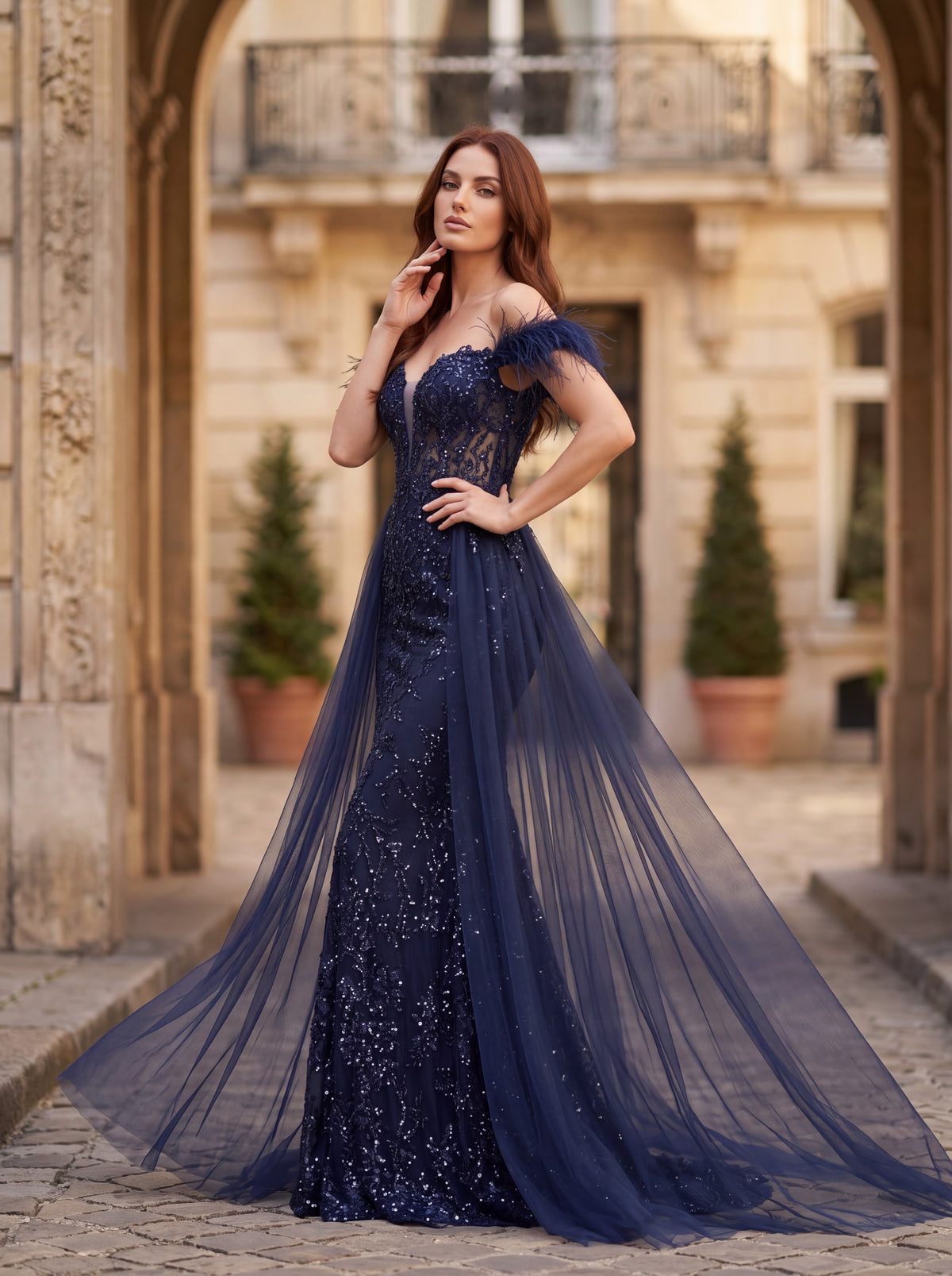 Navy Blue Embellished Off-Shoulder Feather Evening Gown - Luxury women's fashion by Lioness Walk