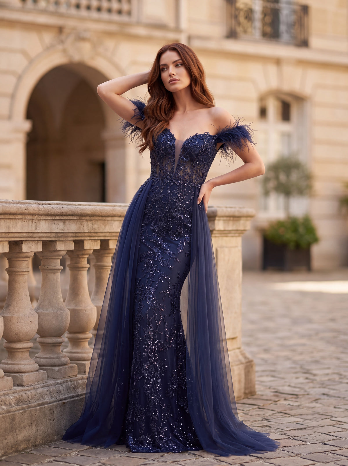Navy Blue Embellished Off-Shoulder Feather Evening Gown - Luxury women's fashion by Lioness Walk