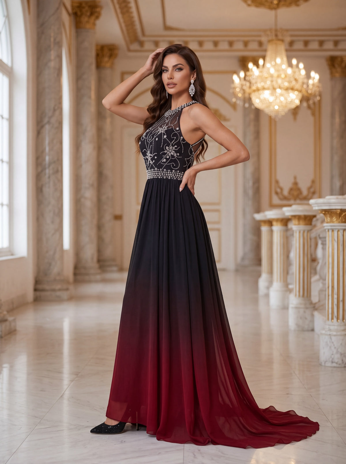 Ombre Embellished Chiffon Evening Gown - Luxury women's fashion by Lioness Walk