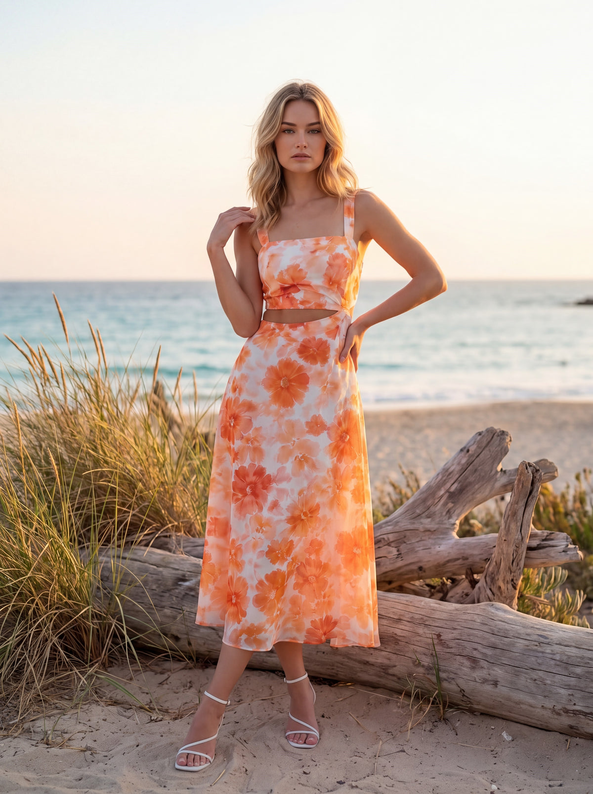Orange Floral Cut-Out Midi Dress - Luxury women's fashion by Lioness Walk