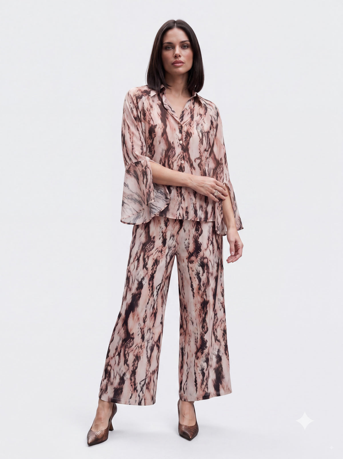 Printed Shirt & Wide-Leg Trouser Pair - Luxury women's fashion by Lioness Walk