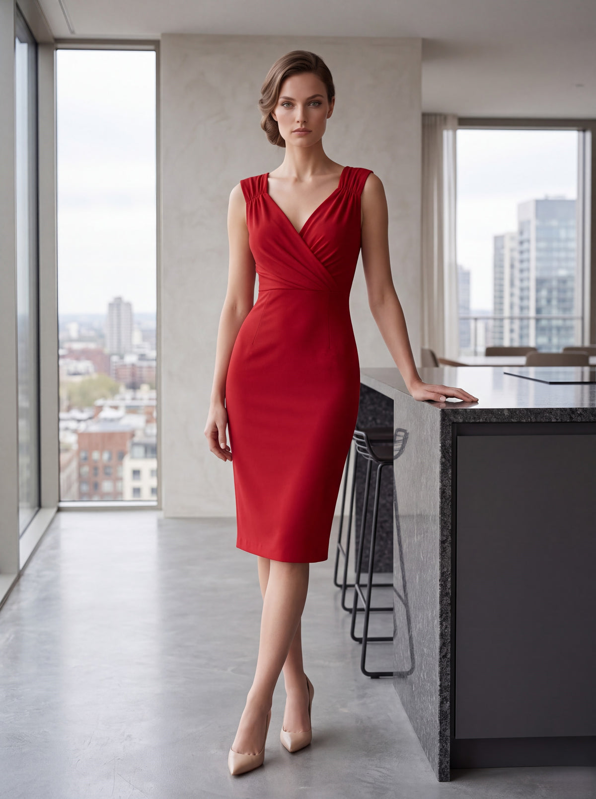 Red Wrap Neck Sheath Midi Dress - Luxury women's fashion by Lioness Walk