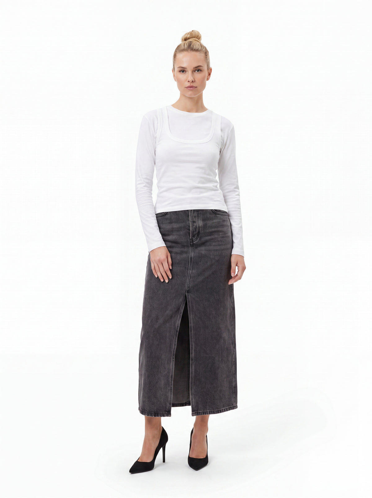 Washed Charcoal Denim Midi Skirt - Luxury women's fashion by Lioness Walk