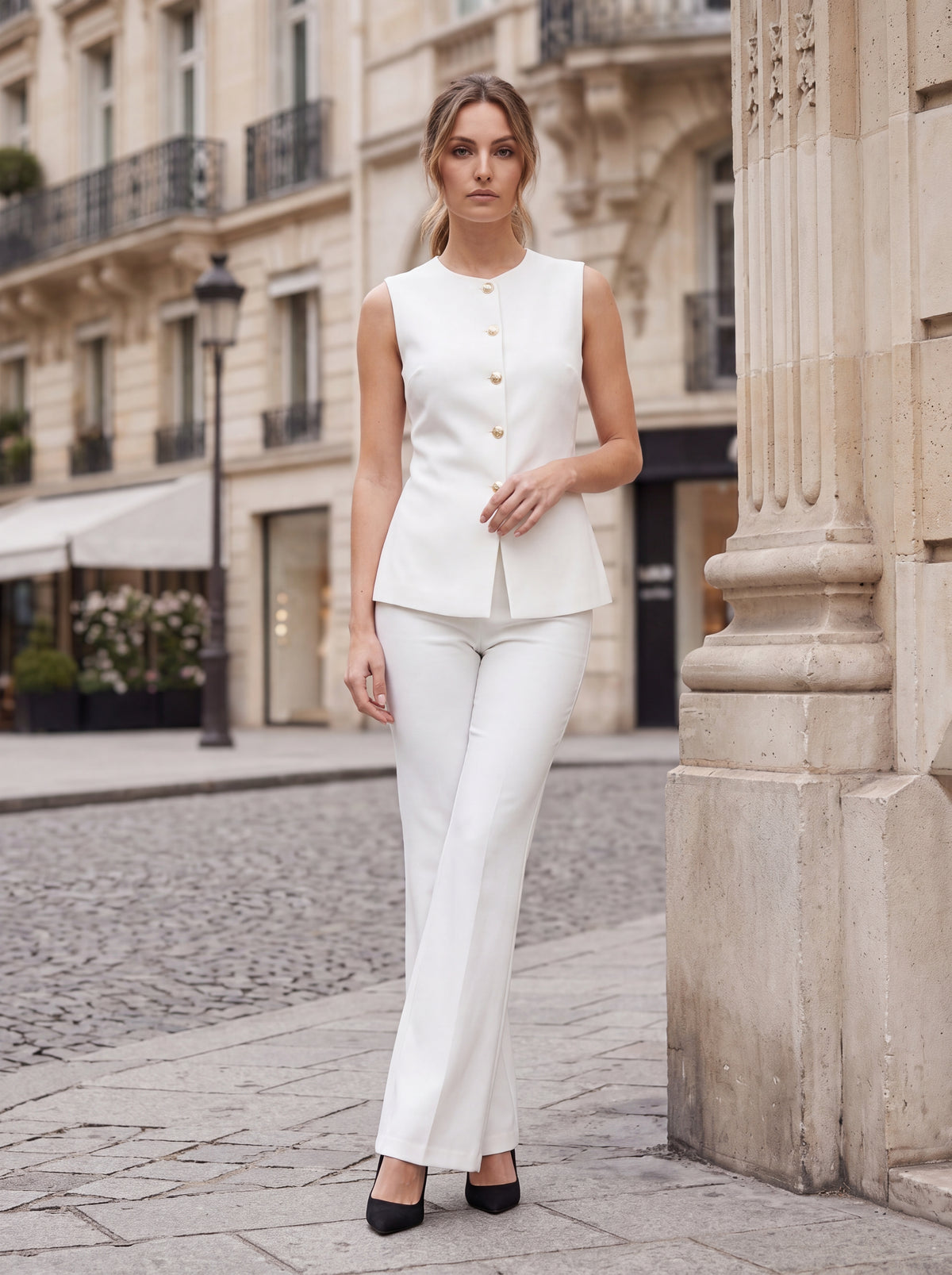 White Sleeveless Tailored Button Top - Luxury women's fashion by Lioness Walk